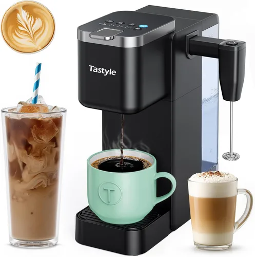 Tastyle Cafetera de una sola porción con espumador de leche desmontable integrado, máquina de café helado y caliente para cápsulas K y café molido,