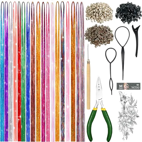 Kit de oropel para el cabello, extensiones de cabello de oropel de hadas con herramienta, 2760 hebras, 12 colores, holográfico, resistente al calor,