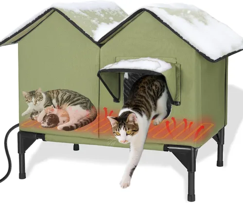 Miniatura 12 de Casa climatizada para gatos en invierno exterior, casa para gatos climatizada extra grande, resistente a la intemperie, cama elevada, puerta