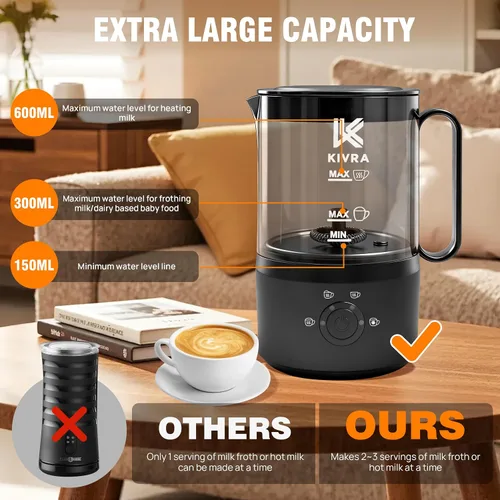 Miniatura 4 de KIVRA Espumador de leche y vaporizador de 11.8 fl oz Máquina de espuma fría de 4 modos para bebidas frías y calientes Espumador de leche