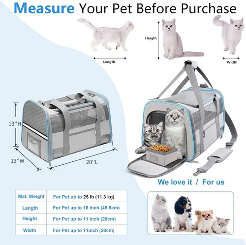 Miniatura 2 de Transportador de gatos y gatos de 20 pulgadas, grande, de lados suaves, para gatos, perros de menos de 25 libras, plegable para 2 gatos, bolsa