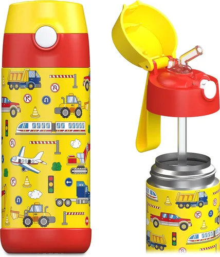 Miniatura 18 de Jarlson® CHARLI - Botella de agua para niños [12 onzas], botella térmica de acero inoxidable con pajilla, botella de agua aislada a prueba
