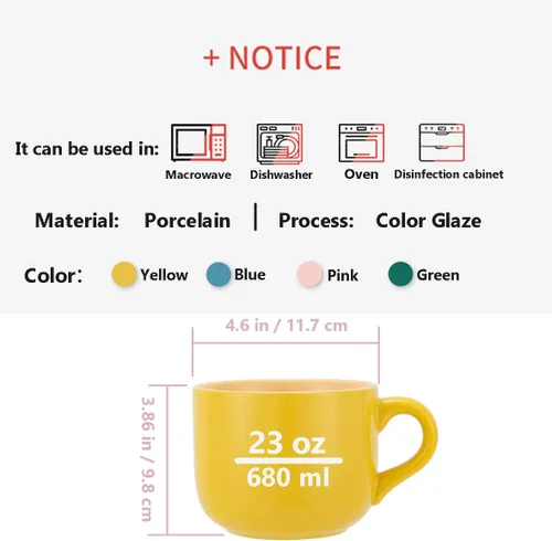Miniatura 3 de TeenFighter Taza grande de avena de porcelana - 23 onzas (680mL) Taza de café ancha, taza de desayuno y tazón de sopa, apta para microondas y Yema