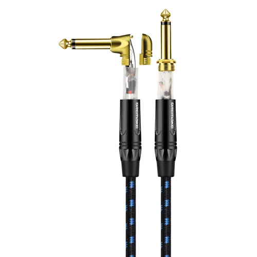 Miniatura 2 de Cable de 1/4 pulgadas (0.248 in) recto a ángulo recto, cable de conexión trenzado negro/azul de tweed de 1/4 de pulgada a 1/4 de pulgada, cable