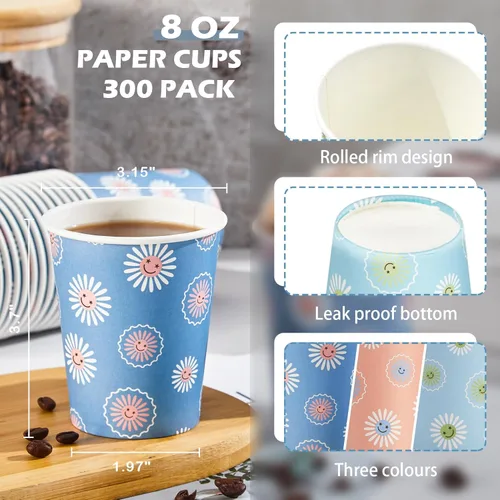 Miniatura 2 de SIUQ Paquete de 300 vasos de papel de 8 oz, tazas de café desechables, tazas de café de papel de 8 oz, coloridos vasos para bebidas calientes/frías