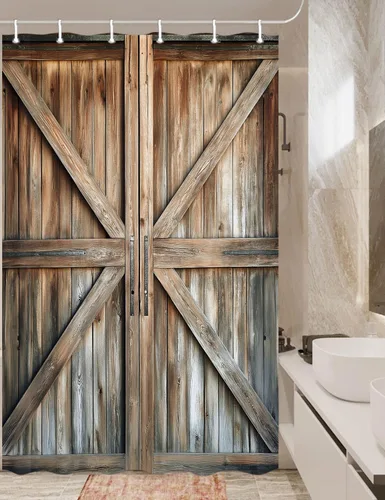 Miniatura 37 de Cortina de ducha de puerta de granero de madera rústica, 60 x 70 pulgadas, beige