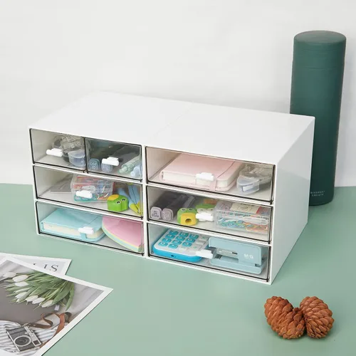 Miniatura 2 de Organizador de escritorio con 3 cajones, caja de almacenamiento de escritorio de plástico transparente, organización de escritorio para suministros