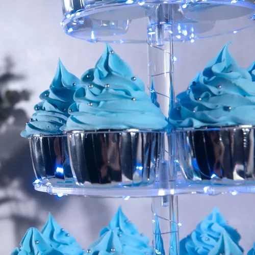 Miniatura 3 de Soporte para Cupcakes, Soporte Redondo para Cupcakes de 4 Niveles con Tira de Luces LED, Torre de Exhibición de Cupcakes de Acrílico para Bodas, Azul