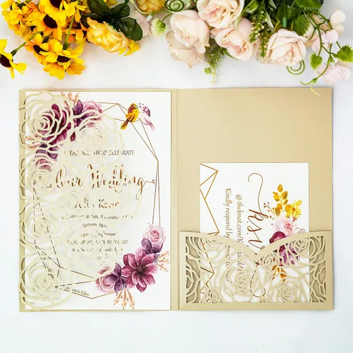 Página interior personalizada, cortada con láser, bolsillo para tarjetas de invitaciones de boda con sobre para fiesta de cumpleaños, invitación de