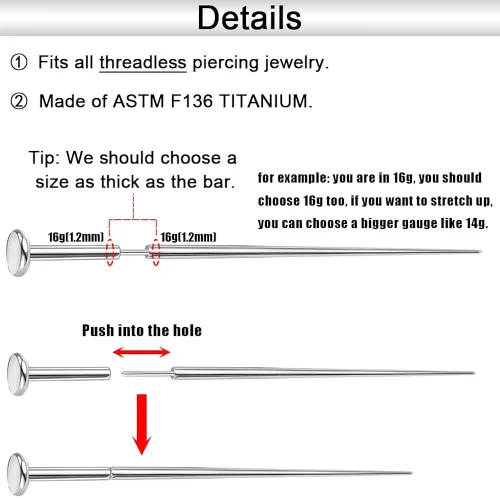 Miniatura 5 de PunkTracker Kit de perforación de titanio ASTM F136 de 0.49oz0.56oz0.63oz, pasador de inserción cónico para empuje sin roscas, tragus, hélice
