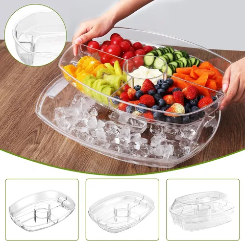 Miniatura 3 de IVYHOME Bandeja de servir refrigerada de 3 niveles con tapa, bandeja de servir frutas con hielo de 15 pulgadas con 4 compartimentos, plato