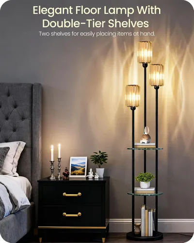 Miniatura 3 de Lámpara de pie negra con estantes, lámpara de pie moderna con 3 pantallas de cristal e interruptor de pie, lámpara de pie de 3 luces, para sala