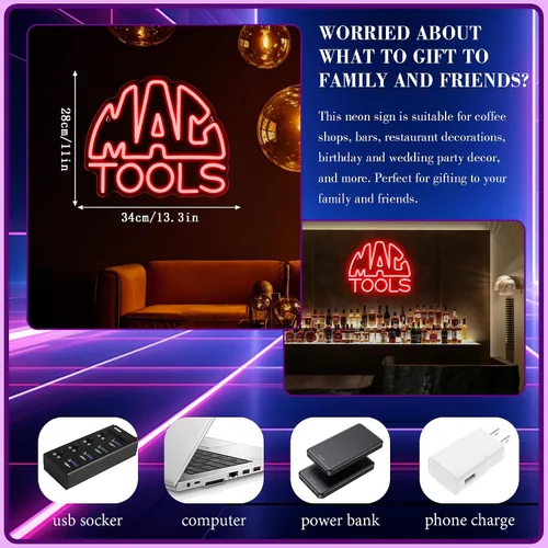Miniatura 5 de MAC and Tools - Letrero de neón, luces LED de neón regulables, luz LED alimentada por USB para decoración de garaje, arte de pared de taller