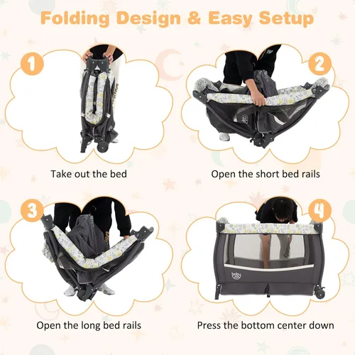 Miniatura 5 de BABY JOY 4 en 1 Pack and Play, corralito portátil para bebé con moisés y mesa de cambio abatible, toldo, centro de actividades de moisés para bebés