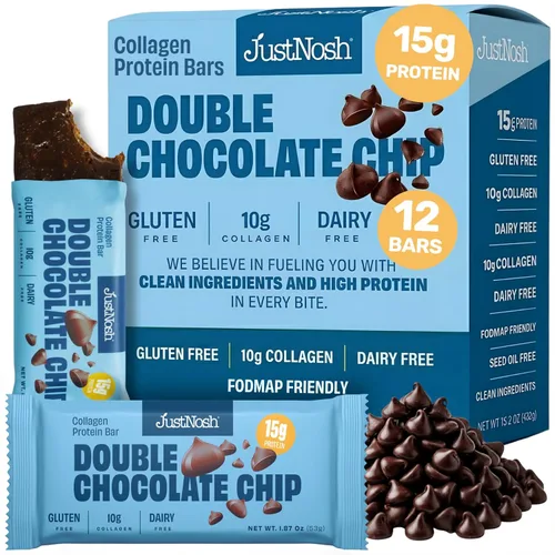 JUSTNOSH Double: barras de proteína de colágeno con chispas de chocolate, 0.55 onzas de proteína, 0.35 onzas de colágeno, sin gluten y lácteos,