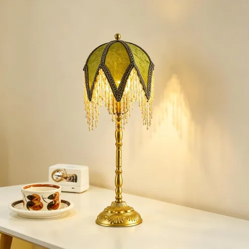 Lámpara de mesa vintage con pantalla de cuentas, 3 temperaturas de color, verde y dorado, estilo victoriano