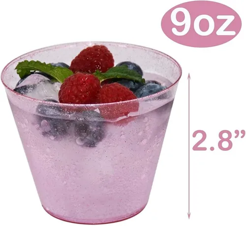 Miniatura 2 de Homy Feel Vasos de plástico con purpurina rosa de 9 onzas – 100 unidades, tazas desechables de cóctel y vino para boda, fiesta de San Valentín