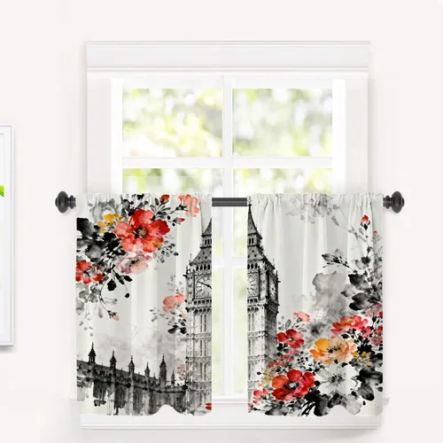 Miniatura 30 de Cortinas opacas de cocina con pintura al óleo de Europa rosa y negra para ventanas, cenefas opacas modernas de torre Eiffel de poliéster multicapa