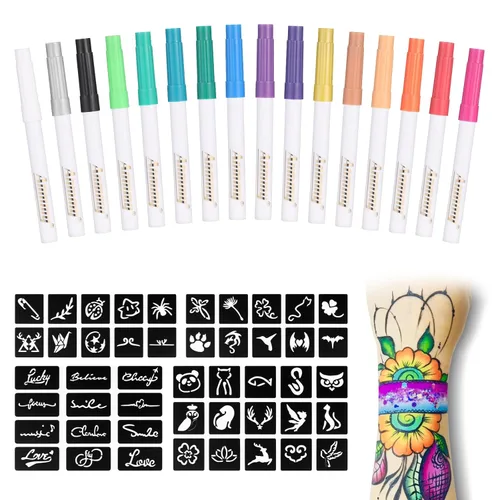 Marcadores metálicos temporales de tatuaje para piel, 16 marcadores corporales+77 plantillas de tatuaje grandes de colores surtidos para niños y