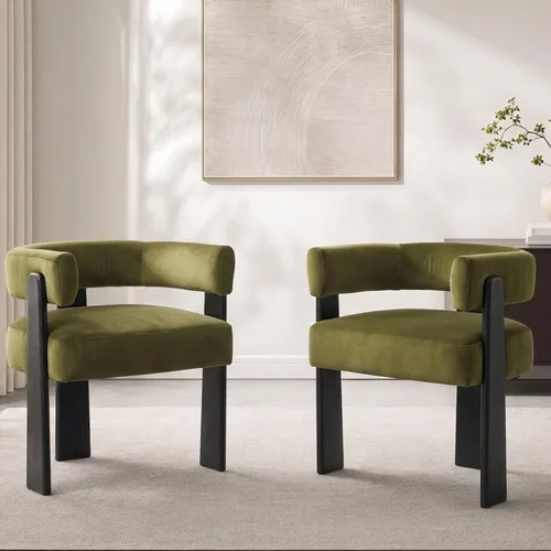 Miniatura 37 de Hyfirm Juego de 2 sillas de comedor de barril beige y dorado, modernas sillas tapizadas de terciopelo con respaldo curvado para isla de cocina