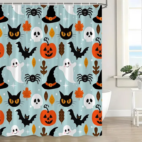 Miniatura 4 de Cortina de ducha azul de Halloween, linda cortina de baño de fantasma, terror, calabaza, espeluznante, gato negro, calavera aterradora, murciélago