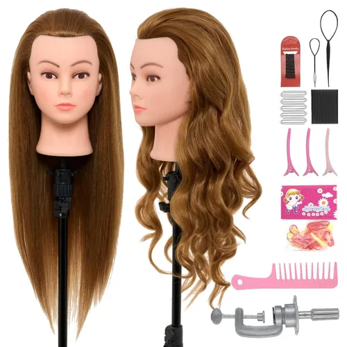 Cabeza de maniquí de 28 pulgadas con 80 % cabello humano real, cabeza de muñeca para peinado, trenzado, rizado, cabeza de maniquí de cosmetología