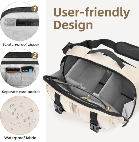 Miniatura 3 de Bolso bandolera para cámara TAAOKA, bolsa para cámara DSLR con soporte para trípode, bolsa de hombro impermeable para fotógrafos (Beige)