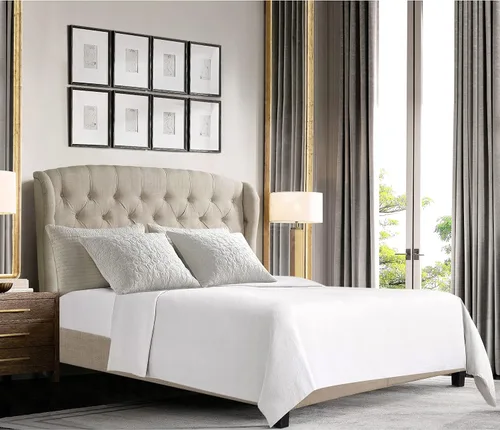 Rosevera Issac - Cama con cabecera ajustable de diseño distintivo y marco de cama acolchado con botones, tamaño King, beige clásico Gris clásico
