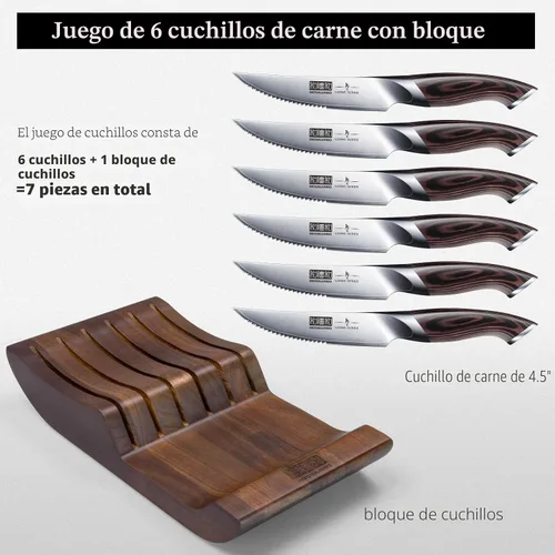 Miniatura 5 de HOSHANHO Juego de 7 cuchillos para carne, juego de cuchillos para carne de 4.5 pulgadas con bloque, cuchillos de cocina de acero al carbono japonés