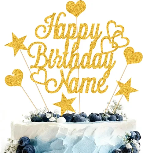 Adorno Personalizado para Pastel de Feliz Cumpleaños | Decoración para pastel con nombre personalizado | Tarjeta con purpurina de doble cara |