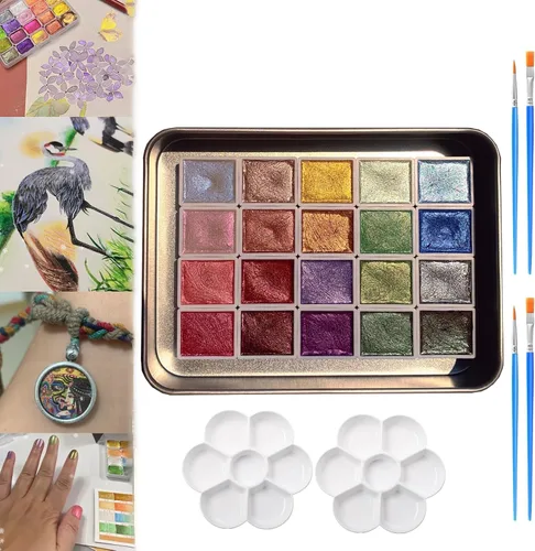 Miniatura 10 de Juego de pintura de acuarela de 20 colores, juego de pintura de acuarela metálica, pintura de acuarela nacarada, pintura de acuarela con purpurina