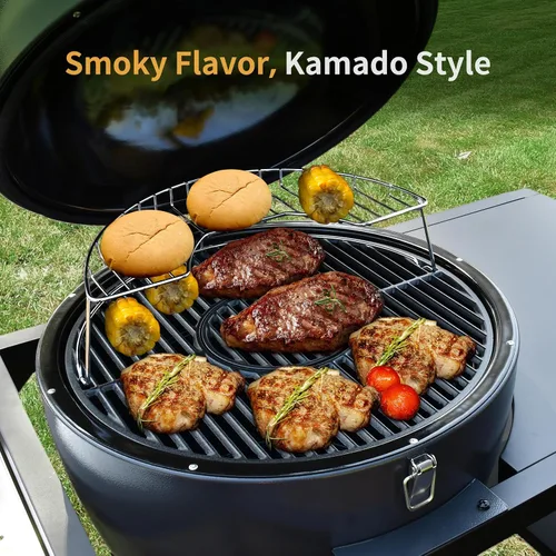 Miniatura 2 de Brand-Man - Parrilla de carbón y ahumador Kamado de acero - Rejillas de hierro fundido de 22 pulgadas, cesta de parrilla, carrito de mesa
