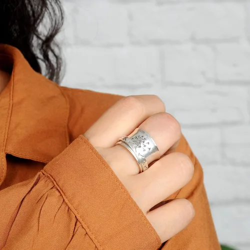 Miniatura 4 de Boho-Magic Anillo giratorio de plata de ley 925 para mujer, diseño de flor de diente de león para aliviar la ansiedad, banda ancha, Metal,
