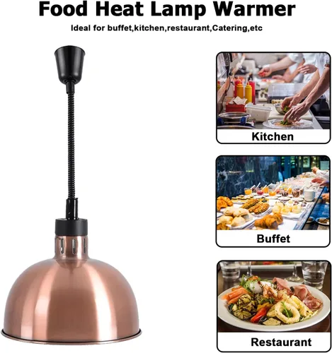 Miniatura 5 de Lámpara colgante de calor para alimentos, calentador infrarrojo, luz de calefacción para freír 250 W con cable retráctil (diámetro 11.4 in cobre))