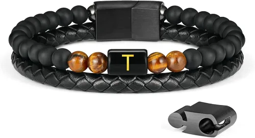 Miniatura 75 de LUXEJEW Regalo Navidad para hombre, brazalete de cuero con cuentas, con letra inicial nombre, 15/64 de pulgada, ágata mate, hecho a mano, ajustable