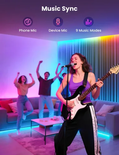 Miniatura 7 de Tira de luz LED RGB+IC, luz LED inteligente de 32.8 pies para dormitorio, control de aplicación Bluetooth, tira de iluminación LED que cambia