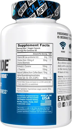 Miniatura 2 de Evlution Nutrición Energía Mental y Suplemento de Enfoque para Adultos - Suplemento de apoyo cerebral nootrópicos con cafeína L teanina alfa GPC