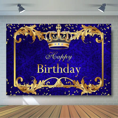 Miniatura 3 de Avezano Telón de fondo de fiesta de cumpleaños de príncipe para niño, corona de rey azul real y dorado, decoración de fiesta, fondo de fotografía