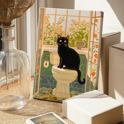 Miniatura 4 de Divertido Juego de Arte de Pared de Gato Negro para Baño de 2 Piezas, Pinturas Decorativas de Pared de Gato Negro Ecléctico en Baño, Póster