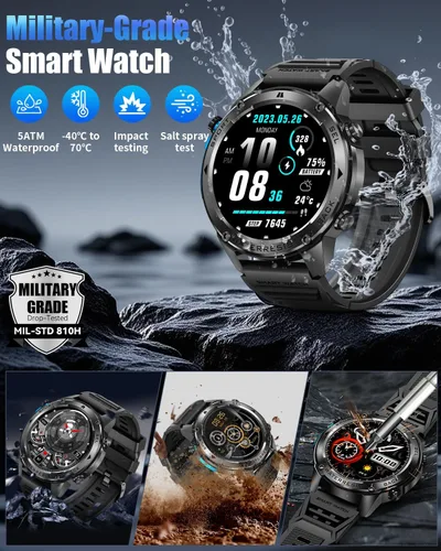 Miniatura 7 de Military Smart Watch for Men with GPS, 1.43" AMOLED Smart Watch with Bluetooth Call, 5ATM Waterproof, 170+ Sports Modes, 700mAh Heart Black