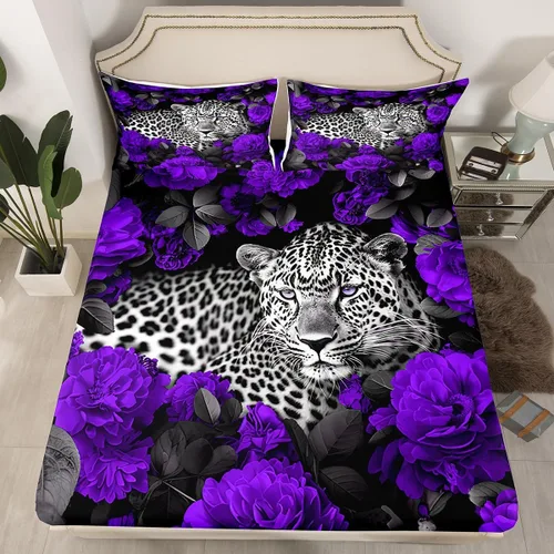 Miniatura 31 de Erosebridal Juego de sábanas bajeras de rosas rojas y leopardo, tamaño individual, diseño de animales africanos salvajes, diseño de plantas