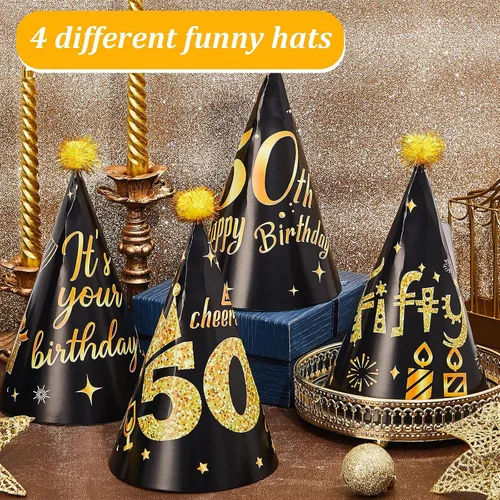 Miniatura 4 de 26 piezas de decoración de fiesta de cumpleaños número 50, kits de gafas y sombreros, gafas y sombreros de papel temáticos negros y dorados