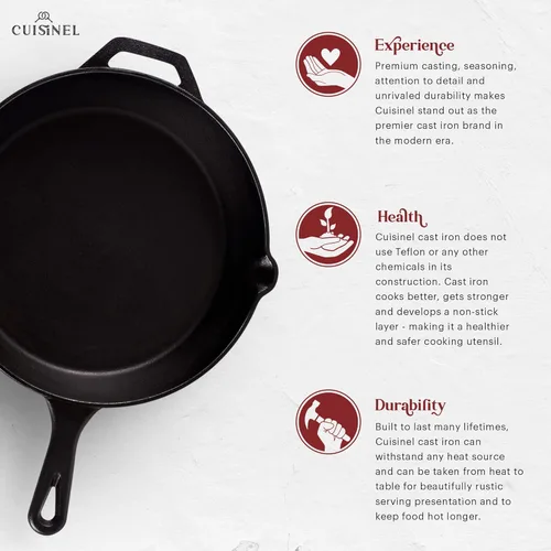 Miniatura 2 de Cuisinel Juego de sartenes de hierro fundido, sartén de 8 pulgadas + 12 pulgadas + tapas de vidrio, utensilios de cocina pre-sazonados, soportes