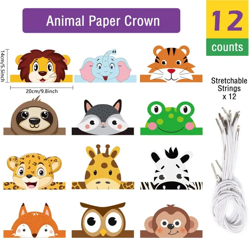 Miniatura 2 de chiazllta 12 sombreros de safari de la selva para cumpleaños, coronas de papel, zoológico, animales, fiestas, diademas para niños, accesorios