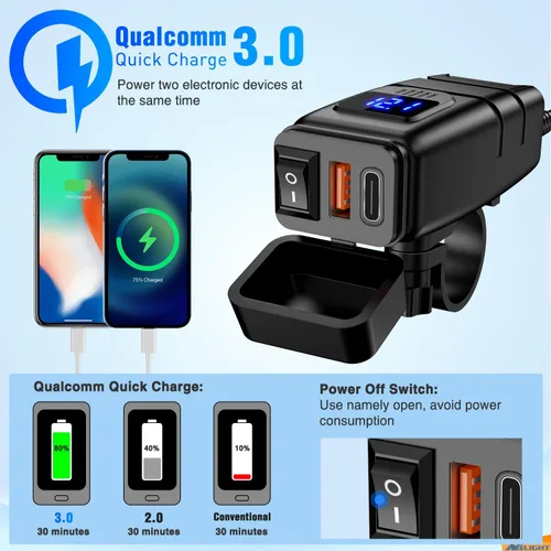 Miniatura 6 de Nilight Adaptador de Carga USB Tipo C para Motocicleta, Puerto 12V, Voltímetro, Interruptor de Encendido y Apagado Independiente, Fusible en Línea