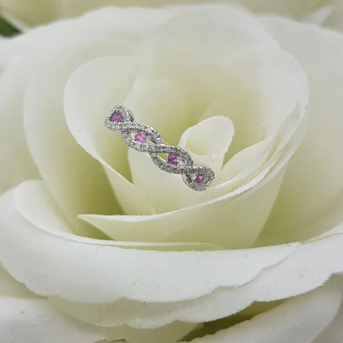 Miniatura 6 de Anillo de boda apilable de oro de 10 quilates con zafiro rosa y diamante blanco para mujer, zafiro rosa, Zafiro