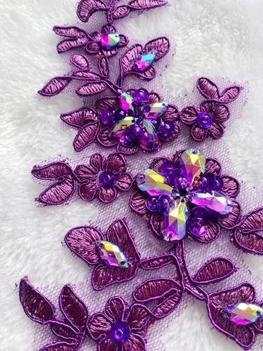 Miniatura 3 de Parches de tela de encaje fino bordados con diamantes de imitación bordados, decoración de vestido para coser en lentejuelas cuentas, accesorio