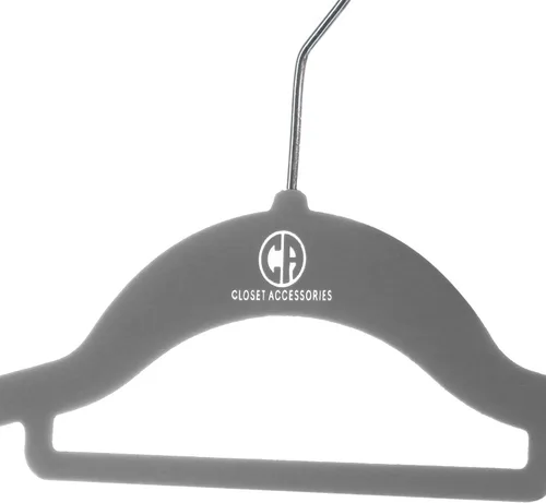 Miniatura 4 de Paquete de 50 perchas de terciopelo resistentes que incluyen barra de amarre, muescas y gancho cromado de 360° (gris)