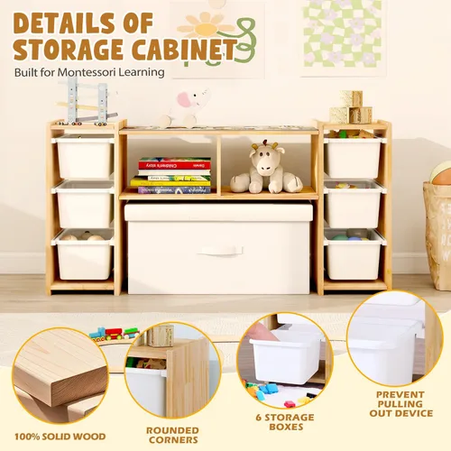 Miniatura 7 de MallBest Estantería Montessori para Niños - 100% Madera de Pino Maciza con 6 Cajones Plásticos Extraíbles, Organizador de Almacenamiento de Juguetes
