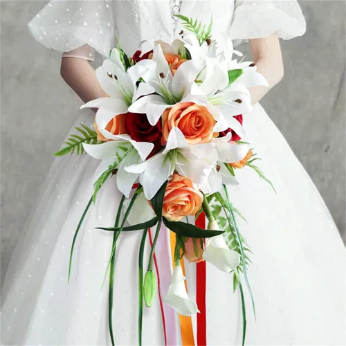 Miniatura 14 de Ramos de boda para novia, ramo en cascada para novia, boda, flores artificiales, ramo romántico rústico de boda (ramo naranja champán)